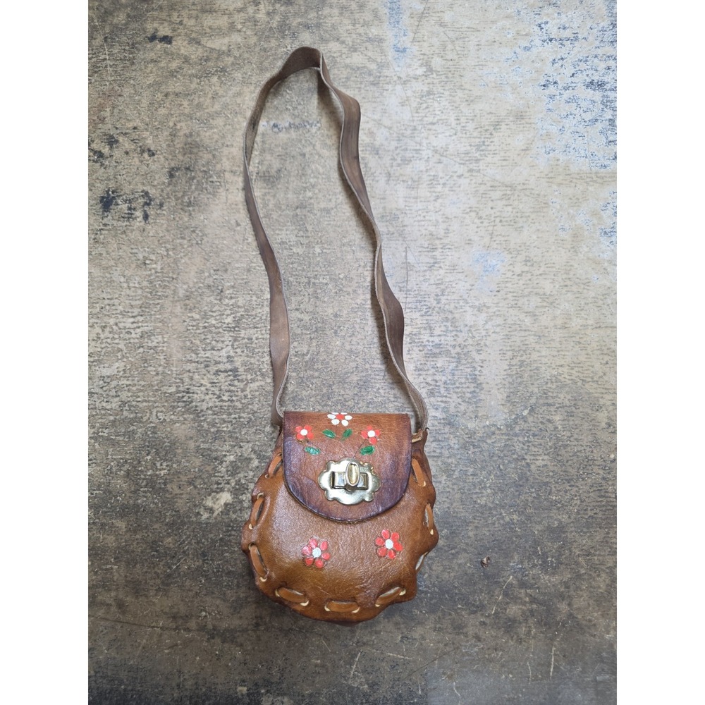 Vintage Tooled Leather Red Flowers Small Handmade Child's Shoulder Purse Mexico